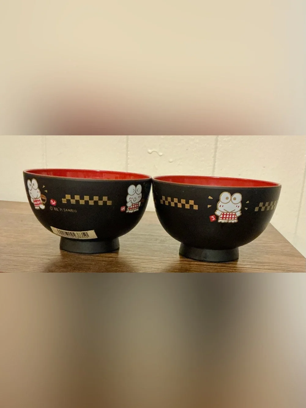 A Pair Of Vintage Sanrio 1991 Keroppi Japanese-style plastic lacquer soup bowls
